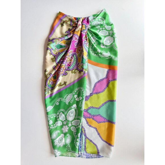 ZARA Patchwork Scarf Print Satin Twill Knotted Maxi Pareo Sarong Skirt, Size XS - Picture 6 of 14